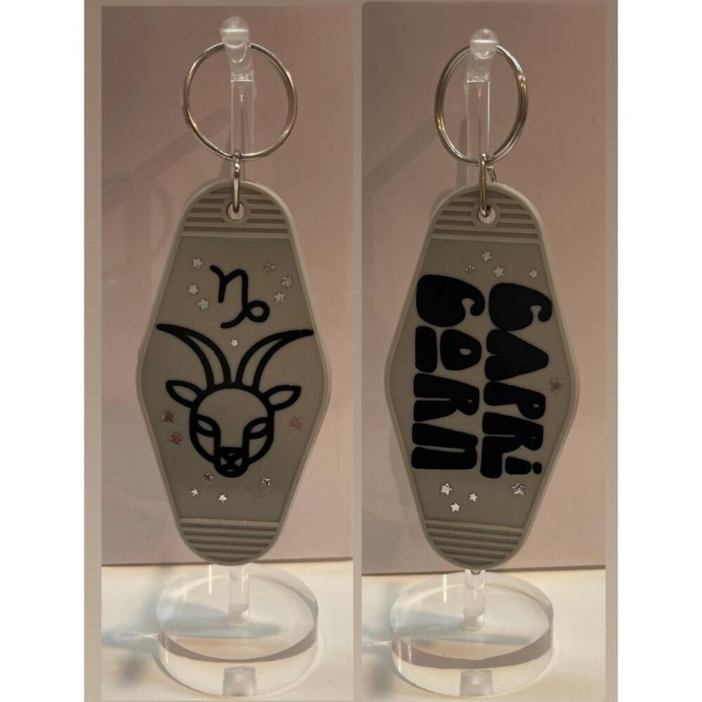 CAPRICORN Zodiac Stars Retro Motel Grey Black Keychain